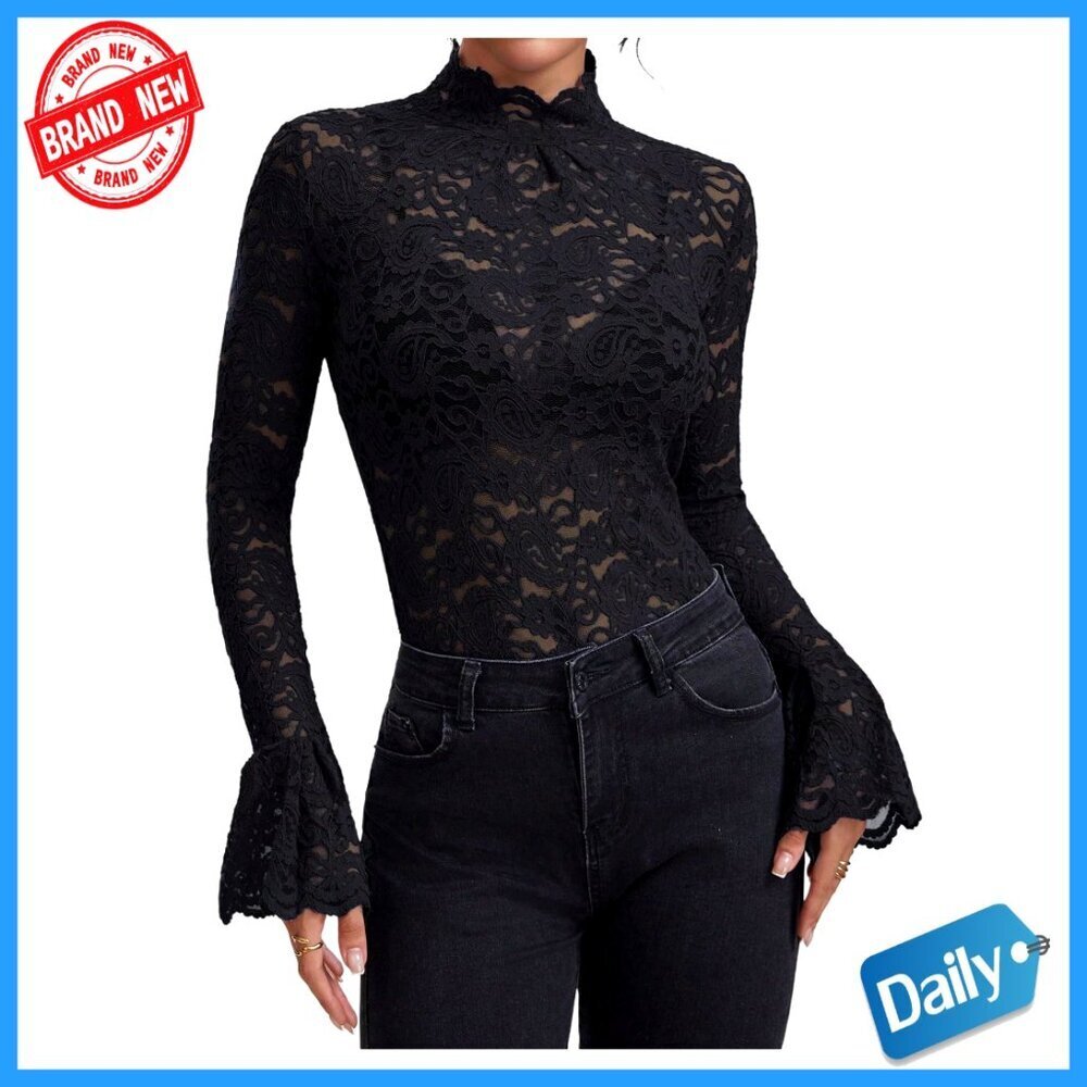 Sheer Lace Bell Sleeve Mock Neck Layering Top Long Sleeve Undershirt